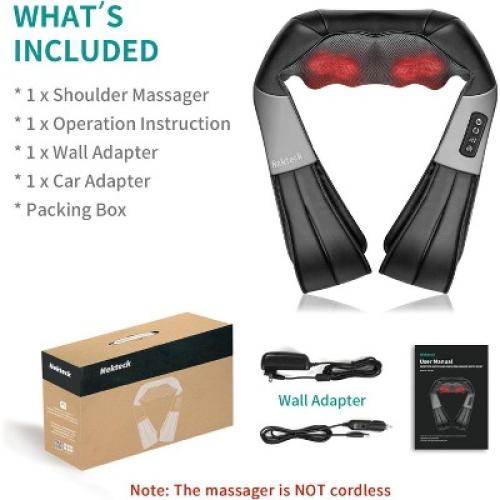Nekteck Shiatsu Neck & Back Massager - Heat, Deep Kneading - Home, Office, Car -Black
