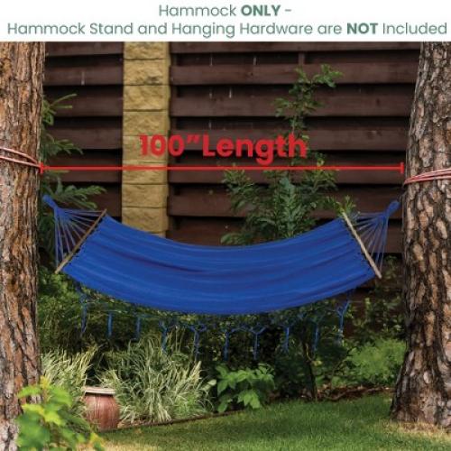 Northlight Hammock with Netted Fringe and Wooden Bars - 100 x 41 - Blue