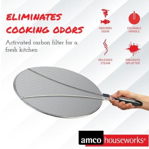 Silver 13 Amco Stainless-Steel Odor Absorbing Splatter Screen with Foldable Handles, 13-Inch Stainless Steel Grease Splatter Guard, Fine Mesh for Frying Pan