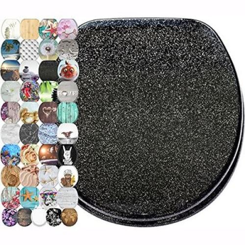 Sanilo Round Molded Wood Toilet Seat with No Slam, Slow, Soft Close Lid, Stainless Steel Hinges, Unique Fun Decorative Design, Glittering Black