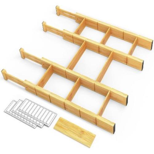 Set of 4  Bamboo Expandable Drawer Dividers with Labels,with 9 Inserts (17-22 in)-SpaceAid