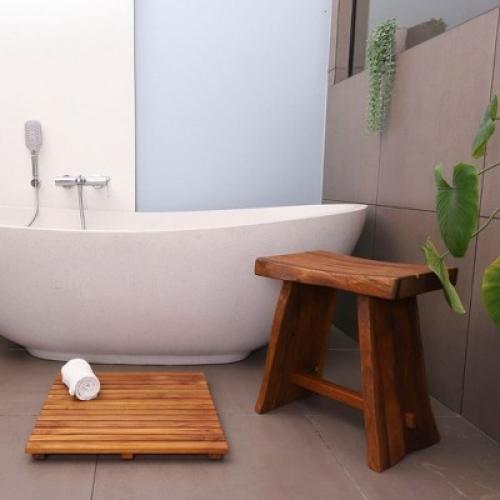 Nordic Teak  Rustic Shower and Bath Stool with Curved Seat - Brown
