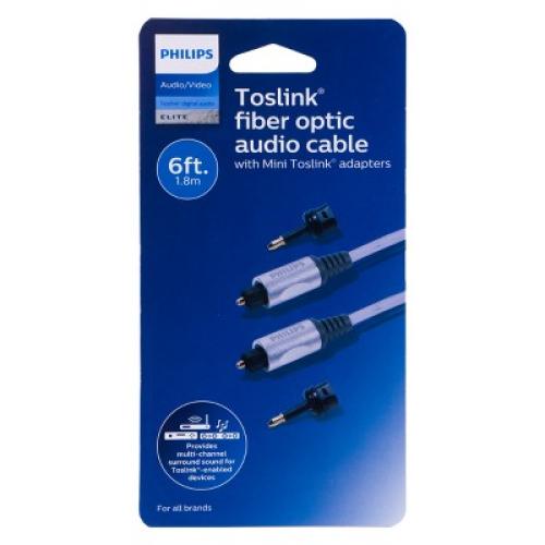 Philips Size 6' Elite Toslink Digital Fiber Optic Cable with 2 Mini Adapters - Gray