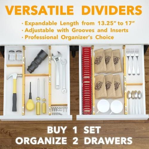 Set of 4  Bamboo Expandable Drawer Dividers with Labels,with 9 Inserts (17-22 in)-SpaceAid