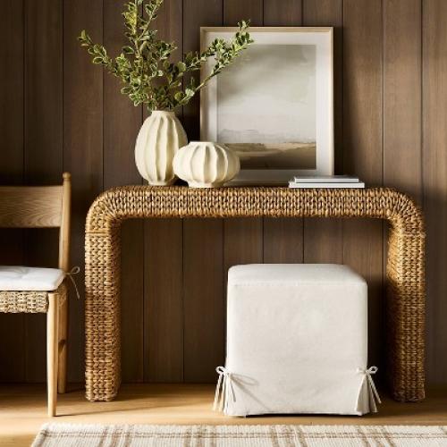 Lynwood Slipcover Cube Ottoman with Tie Details Cream - Threshold™ designed w/Studio McGee
