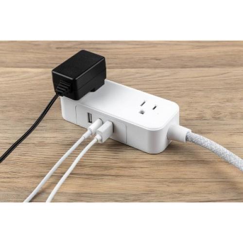 GE 2-Outlet Extension Cord 2 USB-A 1 USB-C 12W 6' Braided White/Gray