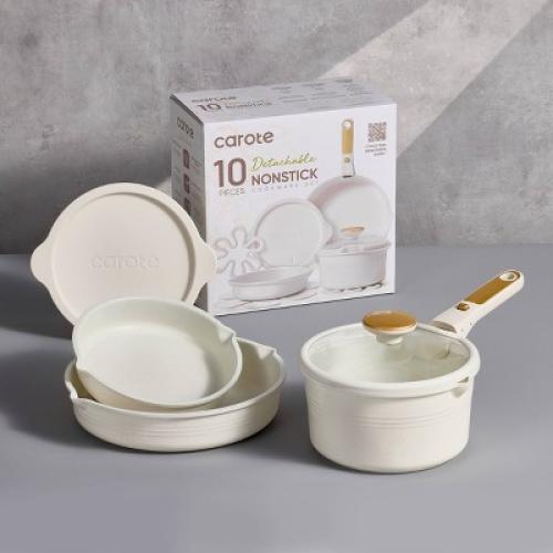 Carote 10pc Nonstick Cookware Set with Detachable Handle White