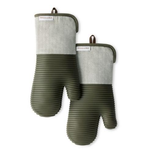 KITCHENAID Evergreen Design Series Herringbone Ribbed Soft Silicone Oven Mitts 2-Pack, Heat Resistant, Waterproof, Deep Forest Green, 7x14 2 pot holders