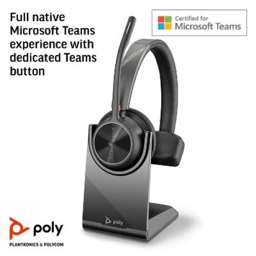 Black Poly Voyager 4310 UC Wireless Headset   Charge Stand- Single-Ear Headset- Connect to PC / Mac via USB-A Bluetooth Adapter, Cell Phone via Bluetooth