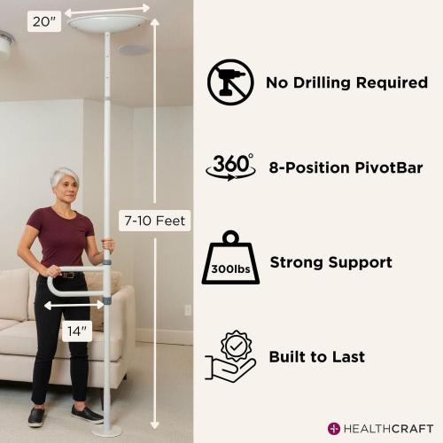 uPole With PivotBar 84-120 in. x 1.5 in. No Drill Floor-To-Ceiling Grab Bar, Transfer Pole (300 Lbs Capacity) in White