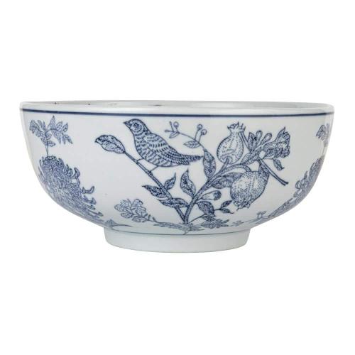 10 in. 105 fl. oz. Blue & White Aviary Garden Stoneware Stoneware Serving Bowl