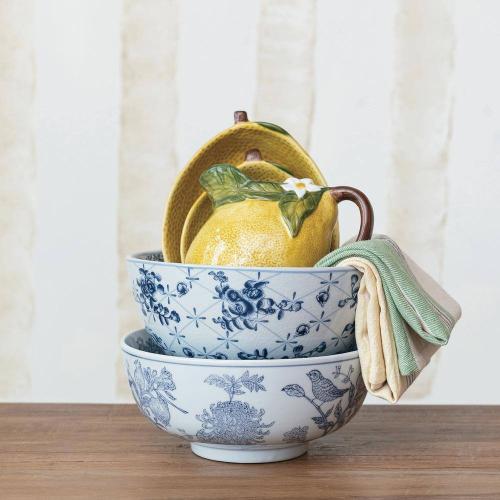 10 in. 105 fl. oz. Blue & White Aviary Garden Stoneware Stoneware Serving Bowl