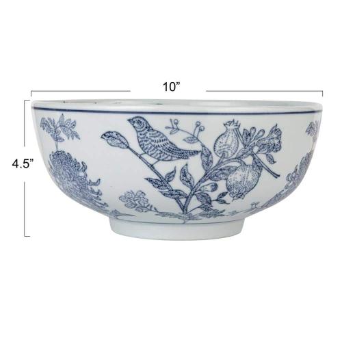 10 in. 105 fl. oz. Blue & White Aviary Garden Stoneware Stoneware Serving Bowl
