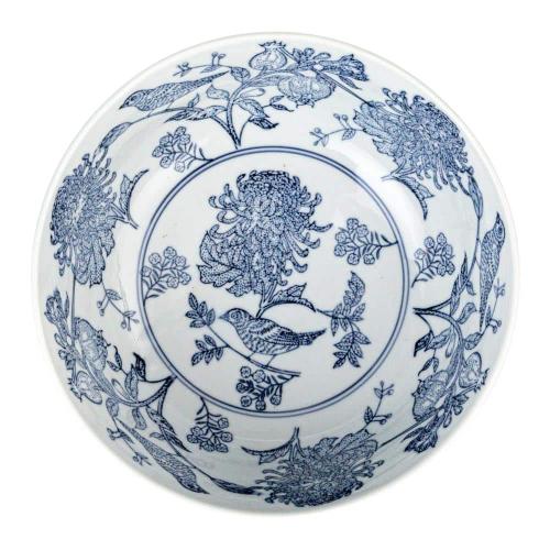 10 in. 105 fl. oz. Blue & White Aviary Garden Stoneware Stoneware Serving Bowl