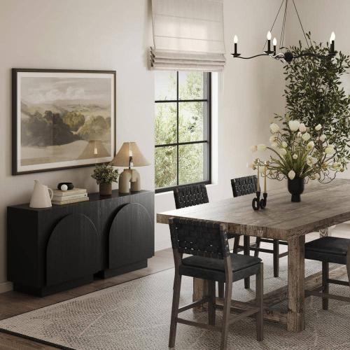 Iris Black Oak 31 in. Mid-Century Modern Wooden Credenza or Accent Cabinet with Adjustable Shelf and Arched Doors
