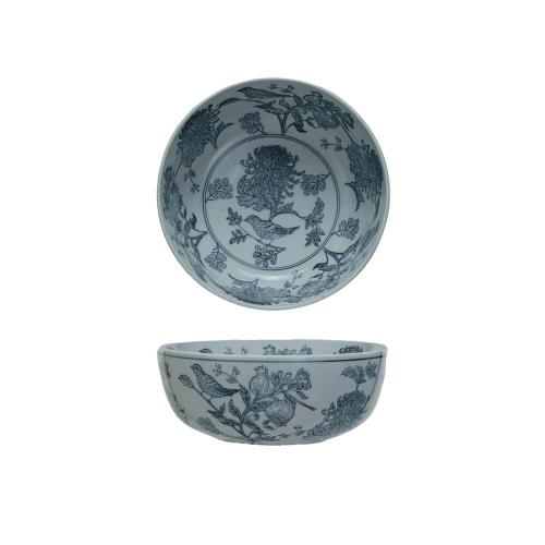 10 in. 105 fl. oz. Blue & White Aviary Garden Stoneware Stoneware Serving Bowl