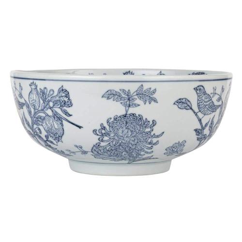 10 in. 105 fl. oz. Blue & White Aviary Garden Stoneware Stoneware Serving Bowl