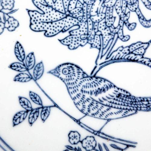 10 in. 105 fl. oz. Blue & White Aviary Garden Stoneware Stoneware Serving Bowl