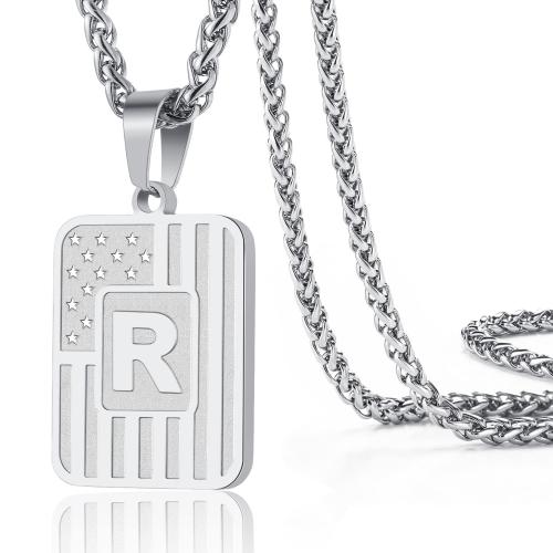 DuoDiner Letter R Initial Necklaces for Men Boys Kids American Flag Pendent Chain Stainless Steel Dog Tag Male Necklace Jewelry Gifts (Silver)
