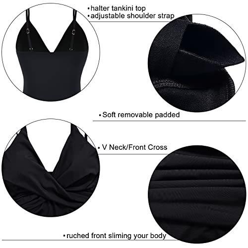 Mycoco Womens Tankini Swimsuits Two Piece Tummy Control Bathing Suits V Neck Tankini Tops with Bikini Bottoms Swimwear Black US 16