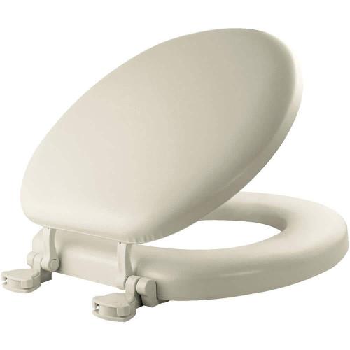 Round Closed Front Cushioned Vinyl Toilet Seat in Biscuit Removes for Easy Cleaning and Never Loosens