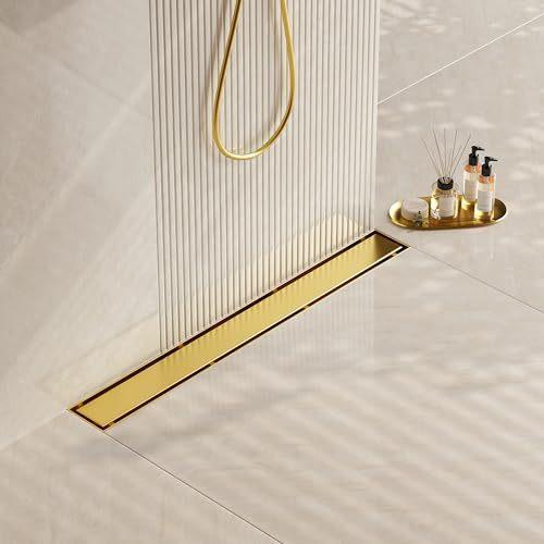 Neodrain 28-Inch Gold Linear Shower Drain 2-in-1 Flat & Tile Insert Cover Stainless Steel Linear Drain Brushed Brass Rectangle Shower Floor Drain with Hair Strainer Watermark&CUPC Certified
