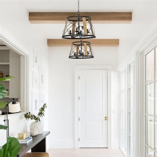 Kira Home Napa 13 3-Light Industrial Modern Farmhouse Round Chandelier Adjustable Hanging Height Smoked Birch Wood Style + Textured Black Finish