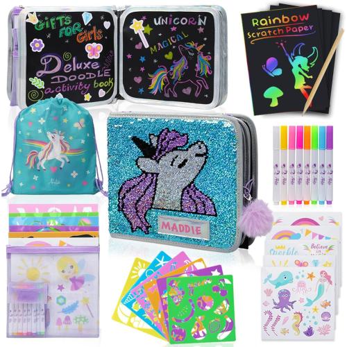 Amitié Lane Unicorn Erasable Doodle Book - Road Trip Must Haves Drawing Pad for Kids - Airplane Travel Activities for Kids Ages 3-5 – Reusable Sticker Activity Book for Arts and Crafts