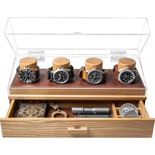 Holme & Hadfield Elevate Your Watch Collection with The Watch Deck Pro – Father's Day Gift for Dad – Premium Watch Display Case for 4 Watches – Wooden Mens Watch Box & Watch Case – Lifetime Assurance Oak Watch Deck Pro