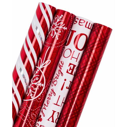 WRAPAHOLIC Christmas Wrapping Paper Roll - Red and White Christmas Design with Metallic Foil Shine - 4 Rolls - 30 inch X 120 inch Per Roll