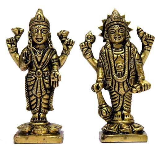eSplanade Brass Lakshmi Narayan Pair - Lord Vishnu with Laxmi Idol Murti Statue Sculpture - 3 Inches