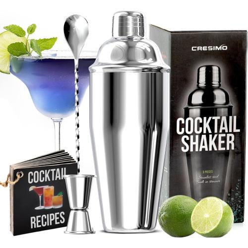 24oz Cocktail Shaker Set with Bar Accessories for Home Bar Shaker Set - Martini Shaker, Jigger, Drink Shaker Mixer Spoon - Alcohol Shaker Bartender Gift - Bartending Kit Essential for Home - Cresimo 24oz - 3pc Shaker Set