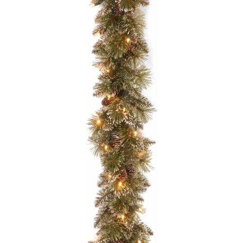 National Tree Company Pre-Lit Artificial Christmas Garland Green Glittery Bristle Pine White Lights Decorated with Pine Cones Battery Operated Christmas Collection 6 Feet