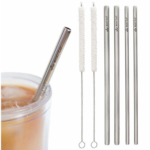 Reusable Metal Stainless Steel Straws: 2 Travel Reusable Straws + 1 Wooden Case + 1 Cotton Cleaning Brush + 1 Pouch for Hot and Cold Drinks Portable for Personal Use 8.5 inches by Ecotribe