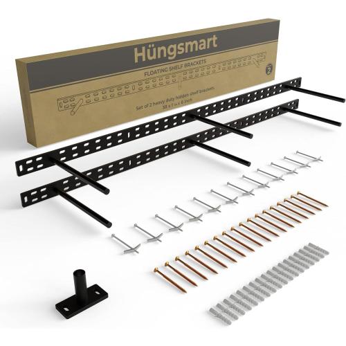 Set of 2 Floating Shelf Brackets 38 inch Multiple Mounting Location Hit 3 Studs Heavy Duty Perfect Bracket for Long Shelf/ Hidden Wall Shelves Support Hardware Kitchen/Living Room/Office (8 inch Rods) Backplate: 38 x 1 1/4 inch 8 inch Rod