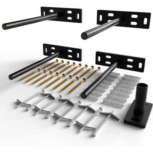 Set of 4 Floating Shelf Brackets Heavy Duty (1/4 inch Thick Baseplate) Painted Black Mild Steel/ Bracket for Hidden Wall Shelves Support Hardware Mount Kitchen/Nursery Decor (8 inch Rods) Backplate: 5 x 1 3/8 inch 8 inch Rod