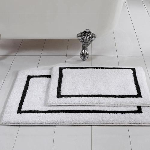 2-Pack Reversible Cotton Contrast Stripe 21x34 inch Bath Mat Set Black