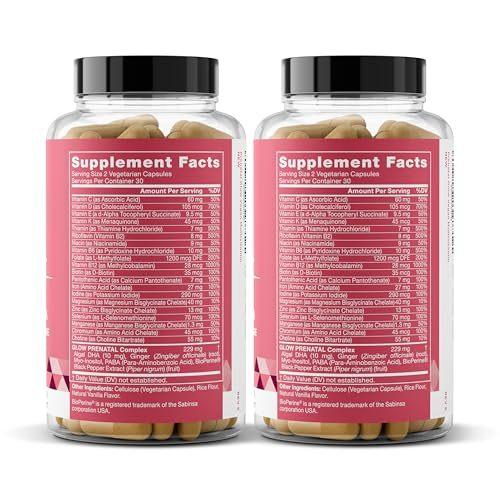 Glow Prenatal Vitamins for Women – 20-in-1 Vital Nutrients for Healthy Pregnancy and Fetal Development – Folic Acid & Vegan DHA For Baby's Growth & A Comfortable Pregnancy – 120 Nourishing Capsules