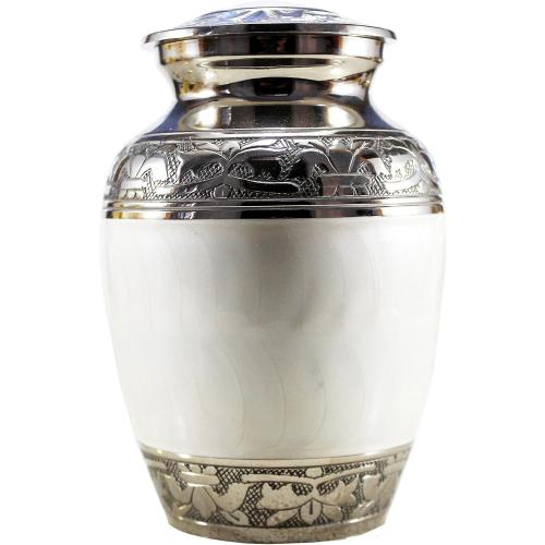 Brass Cremation Urn Memorial Container Jar Pot, White / Silver