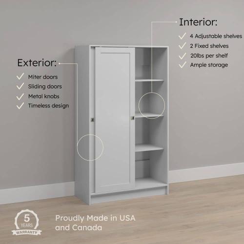 Elite Plus White 65 in. Accent Cabinet Office Storage Cabinet with 4 Adjustable Shelves and Sliding Doors