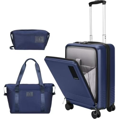 2 Piece Luggage Sets with Spinner Wheels Front Open Pocket, ABS PC Suitcase with TSA Lock & YKK Zipper, Carry On 20/24 inch Medium  Toiletry Bag Handbag, Light Deep Blue