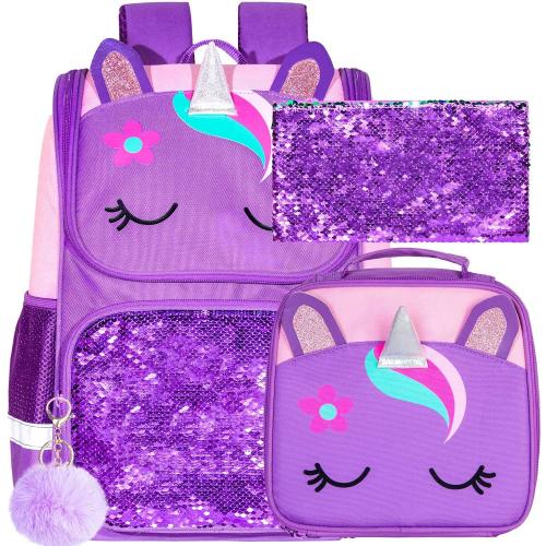 UFNDC 3PCS Unicorn Backpack 15 Girls Sequin Bookbag with Lunch Box Purple Kids School Bag for Elementary Preschool Toddler