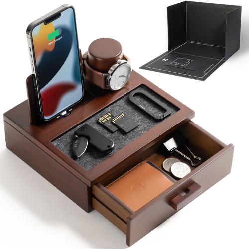 Nightstand Organizer For Men - Unique Birthday Gift - Wood Phone Docking Station to Charge Your Phone and Organize Your Watch & Accessories - Wood Charging Station with Lined Tray & Drawer Walnut
