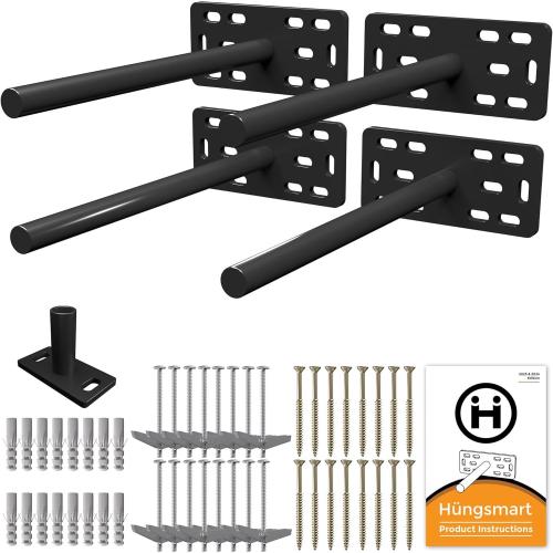 (Set of 4) 4x5x2 XL Heavy Duty Floating Shelf Brackets for DIY Shelf- Premium Floating Shelves Hardware for Wall Mounting - Ideal Shelf Bracket for Enhanced Home Decor (10 inch Rod) BLACK Backplate: 5 x 2 inch 10 inch Rod