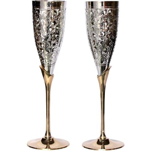 eSplanade Engraved Brass Goblet Champagne Glasses Flutes Coupes Wine Glass Set (Thick) - Silver Polished