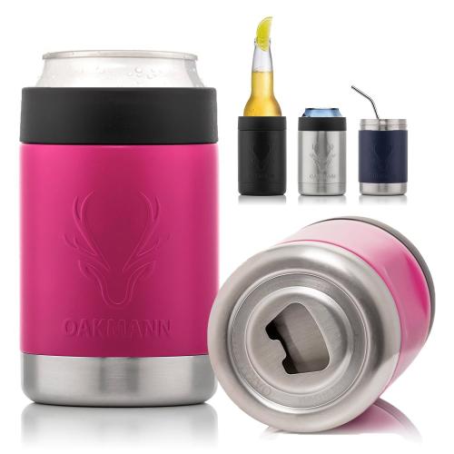 OAKMANN Beer Can Cooler 12 oz Beer Bottle Insulator Beer Bottle Opener 3 in 1 Universal Can Coozie Insulated Can Cozy 4 in 1 Can Hugger Seltzer Soda Beer Gifts Birthday Beer Opener STUBiBudi (Pink)