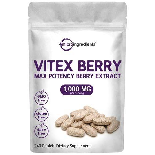 Micro Ingredients Vitex Berry Supplement 1000mg Per Serving 240 Caplets | Potent Chaste Tree Berry Extract | Promotes Menstrual Fertility & Hormone Balance for Women | Non-GMO