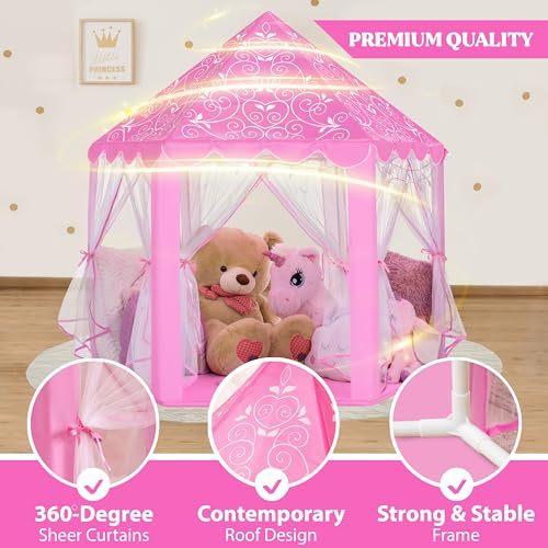 W&O Princess Tent with Fantasy Sound Button LED Lights Crown & Wand Set – Indoor & Outdoor Play Tent for Kids Ages 3-8