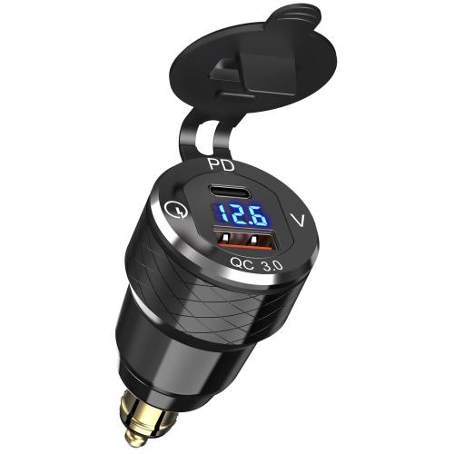 USB C 30W PD3.0 Fast Charger Din to USB Hella Plug USB Adapter 18W QC3.0 Power Outlet Aluminum Voltmeter for 12V-24V Ducati Triumph BMW Motorcycle and More European Style Motorcycles
