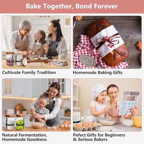 KIIZYS Sourdough Starter Kit – 2 x 34 oz Wide-mouthed Glass Jars with Acacia Koa & Beechwood Utensils & Lids – Organic Cotton Fabrics Tracker Bands & Temp Stickers - Sourdough Bread Baking